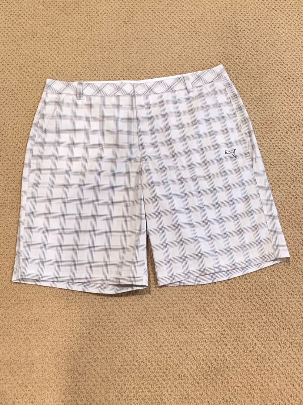 Puma White and Light Gray Checked Men's Flat Front Shorts